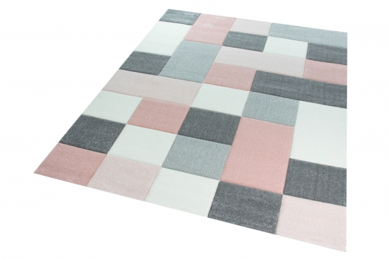 Preview: Designer und  Moderner Teppich mit Karo Muster in Rosa Grau Creme Preview: Designer und  Moderner Teppich mit Karo Muster in Rosa Grau Creme
