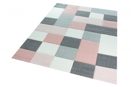 Designer und  Moderner Teppich mit Karo Muster in Rosa Grau Creme