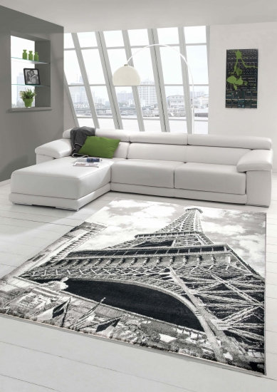 Designer Teppich Moderner Teppich Wohnzimmer Teppich Eiffelturm Motiv Grau Schwarz Creme
