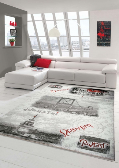 Designer Teppich Moderner Teppich Wohnzimmer Teppich Istanbul Motiv Grau Creme Rot Schwarz