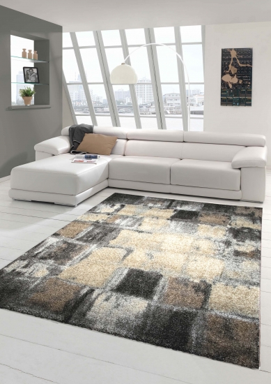 Designer Teppich Moderner Teppich Wohnzimmer Teppich Kurzflor Teppich Barock Design Meliert Karo Design in Braun Grau Creme