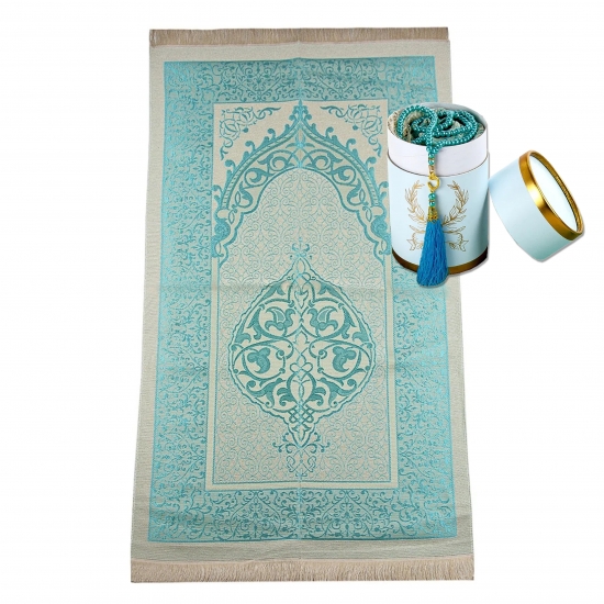 Gebetsteppich Taftstoff Türkis mit Geschenkbox und Gebetskette – edel & praktisch 65 x 110 cm