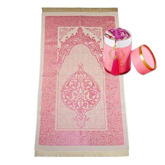 Gebetsteppich Taftstoff Rosa mit Geschenkbox und Gebetskette – stilvoll & kompakt 65 x 110 cm