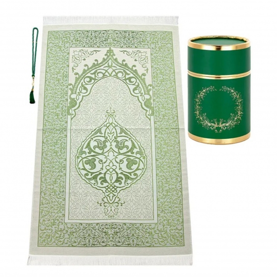 Gebetsteppich aus Taftstoff mit Geschenkbox und Tesbih – leicht, elegant, grün 65 x 110 cm
