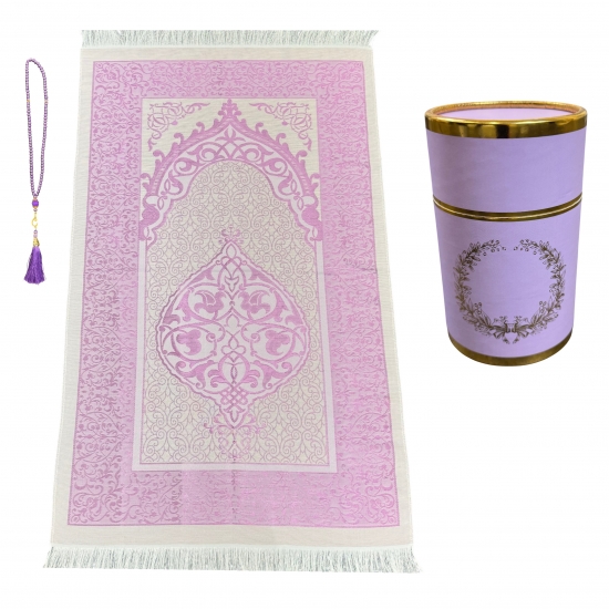 Gebetsteppich aus Taftstoff mit Geschenkbox und Tesbih – leicht, elegant, lila 65 x 110 cm