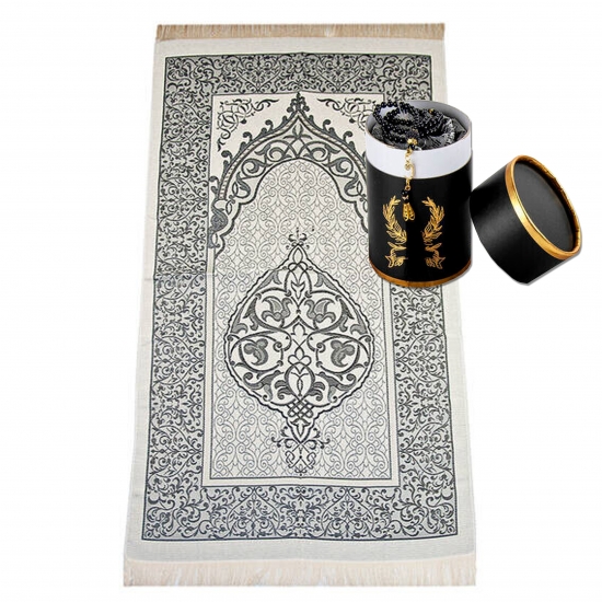 Gebetsteppich Taftstoff Grau mit Geschenkbox und Gebetskette – dezent & stilvoll 65 x 110 cm