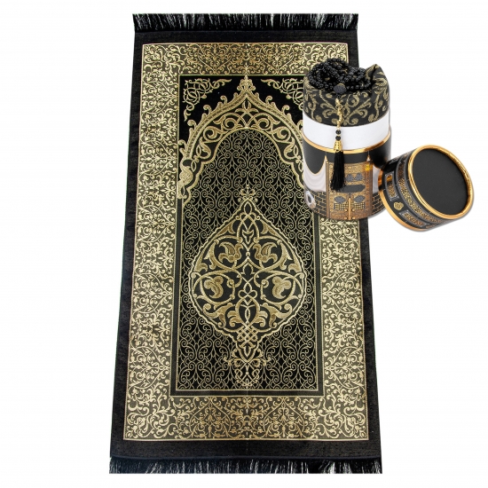 Gebetsteppich Schwarz-Gold mit Geschenkbox und Gebetskette – prachtvoll & edel 65 x 110 cm