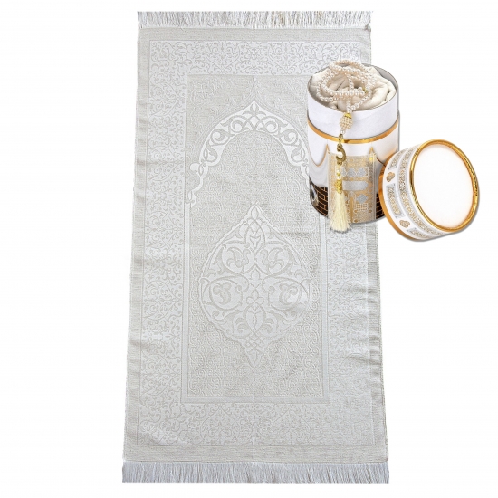 Gebetsteppich Taftstoff Weiß mit Geschenkbox und Gebetskette – stilvoll dekorativ 65 x 110 cm