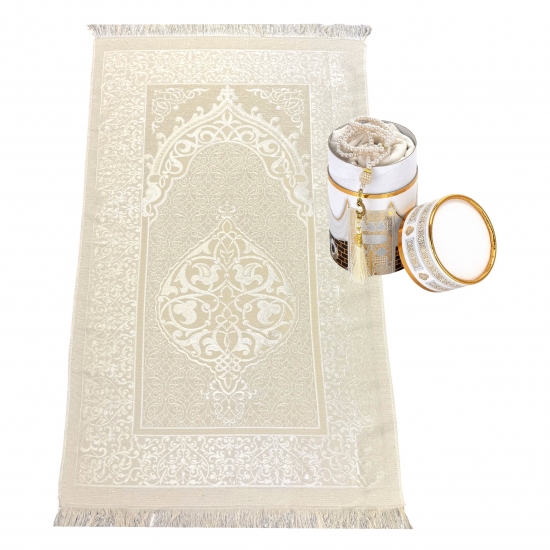 Gebetsteppich Taftstoff Weiß mit Geschenkbox und Gebetskette – stilvoll dekorativ 65 x 110 cm
