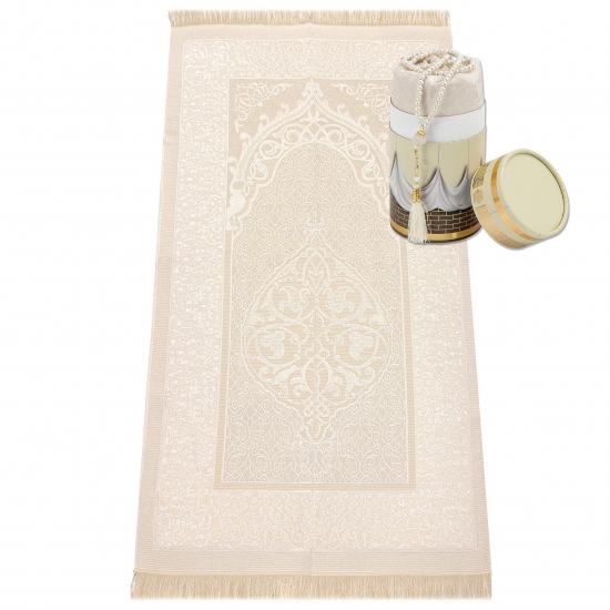Teppich Gebetsteppich creme Taftstoff mit Geschenkbox und Gebetskette – leicht edel 65 x 110 cm