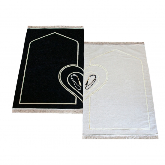 Gebetsteppich-Set für Paare Herz Schwarz & Weiß – inkl. Geschenkbox & Tesbih – stilvoll & symbolisch 2 x 70 x 115 cm