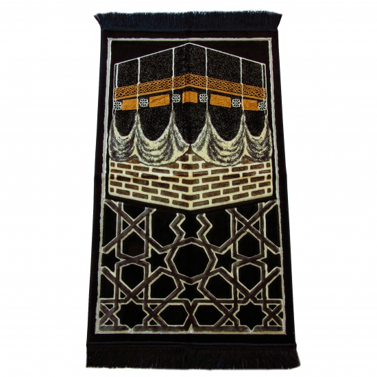 Preview: Gebetsteppich Schwarz Gold Beige mit Ornamentmotiv und Fransen
