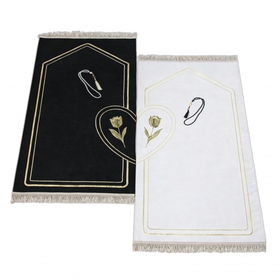 Preview: Gebetsteppiche für Partner weich elegant mit Tulpenmuster in Schwarz und Weiß