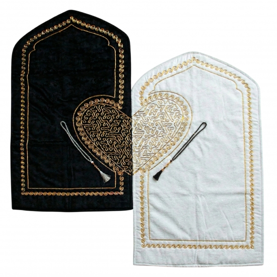 Partner- Gebetsteppich Schwarz Creme mit Ornamenten weich elegant