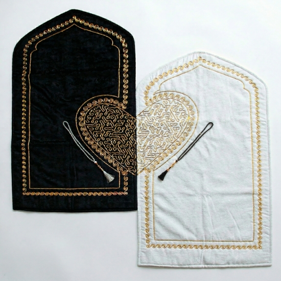 Partner- Gebetsteppich Schwarz Creme mit Ornamenten weich elegant