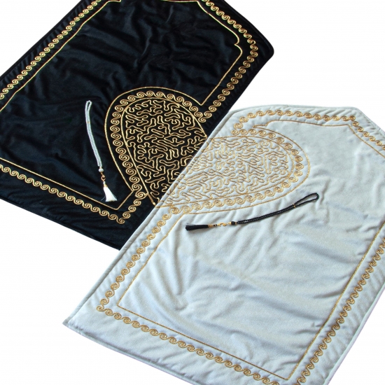 Preview: Partner- Gebetsteppich Schwarz Creme mit Ornamenten weich elegant