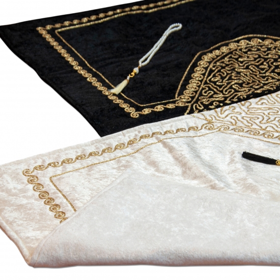 Preview: Partner- Gebetsteppich Schwarz Creme mit Ornamenten weich elegant