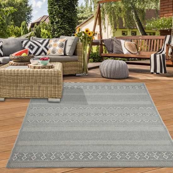 In- & Outdoor Teppich Sisal Diamantenmuster gestreift graufarben