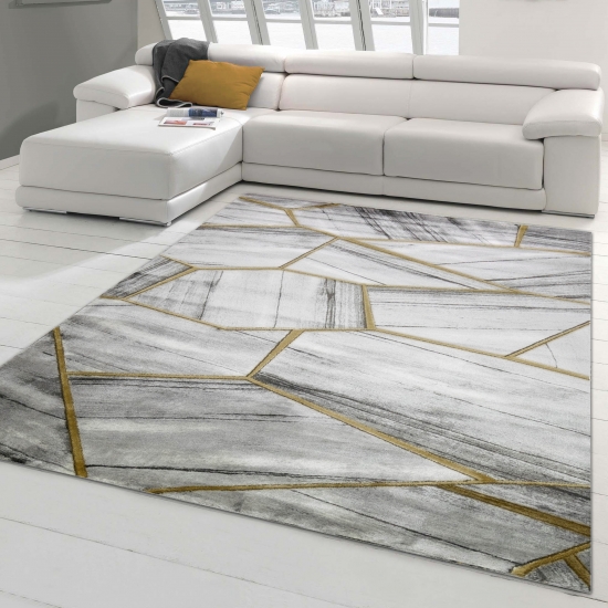 Teppich modern Wohnzimmerteppich geometrisches Muster in grau gold