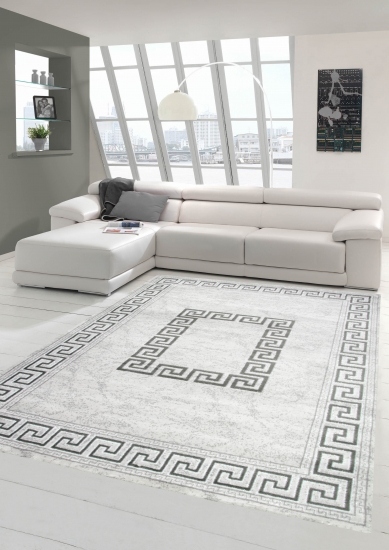 Moderner Teppich Orientteppich mit Glitzergarn mit Bordüre in Grau