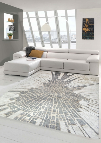 Moderner Designerteppich mit abstraktem Kachel-Muster in beige grau
