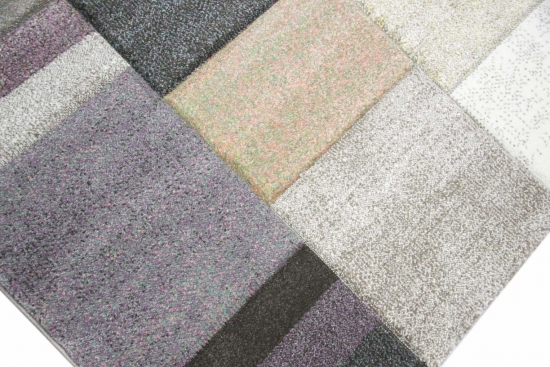 Preview: Designer Teppich Moderner Teppich Wohnzimmer Teppich Kurzflor Teppich mit Konturenschnitt Karo Muster mit Pastellfarben Bunt Lila Senfgelb Grau Creme Beige