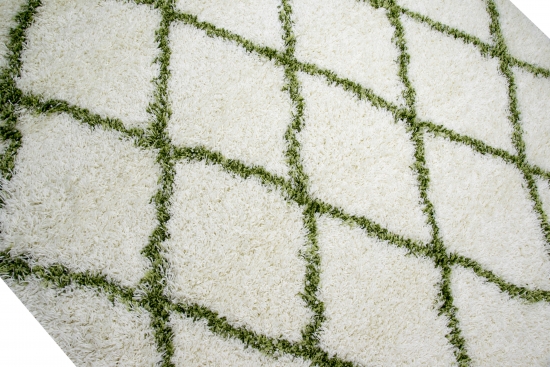 Shaggy Wohnzimmerteppich Hochflor Langflor Rautenmuster in Creme Grün