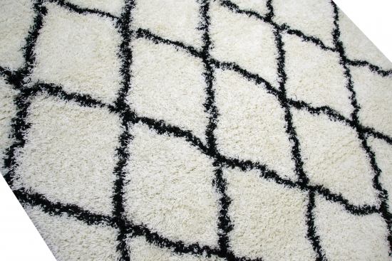 Shaggy Wohnzimmerteppich Hochflor Langflor Rautenmuster in Creme Schwarz