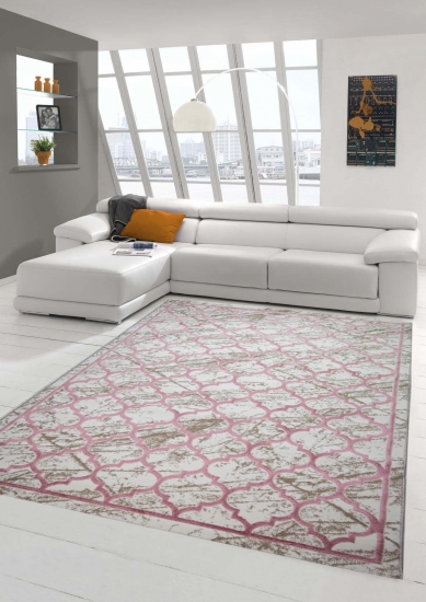 Moderner Designer Teppich marokkanisches Muster in beige rosa