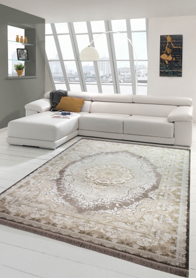 Wollteppich Luxus Teppich Wohnzimmerteppich Orient mit Ornamenten aus Naturfasern in beige