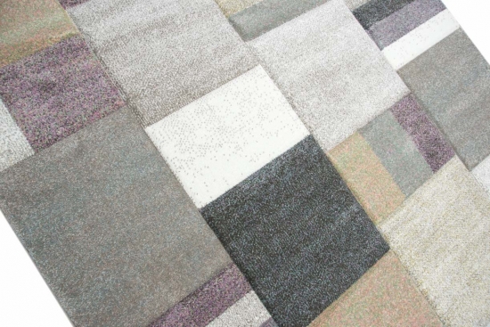 Preview: Designer Teppich Moderner Teppich Wohnzimmer Teppich Kurzflor Teppich mit Konturenschnitt Karo Muster mit Pastellfarben Bunt Lila Senfgelb Grau Creme Beige