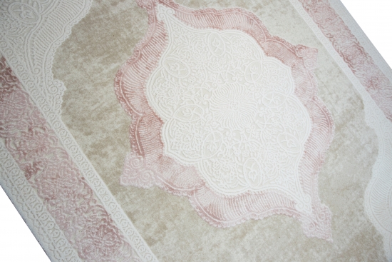 Designer und  Moderner Teppich Wollteppich mit Ornamenten in Pink Creme Beige - 160x230 cm oval