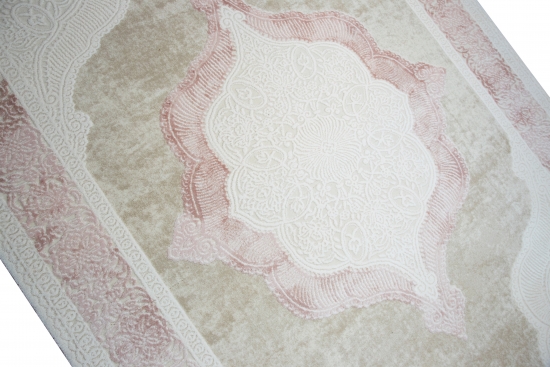 Preview: Designer und  Moderner Teppich Wollteppich mit Ornamenten in Pink Creme Beige - 160x230 cm oval