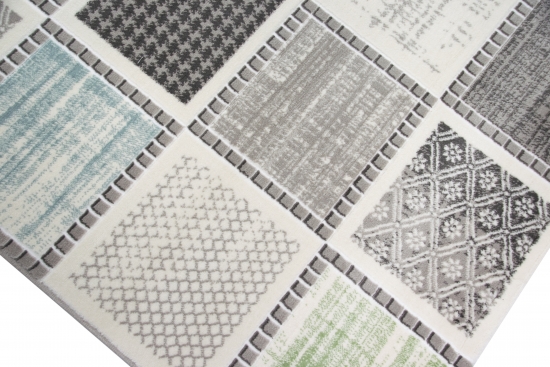 Designer und Moderner Teppich Kurzflor mit Karomuster in Lila Blau Grün Grau