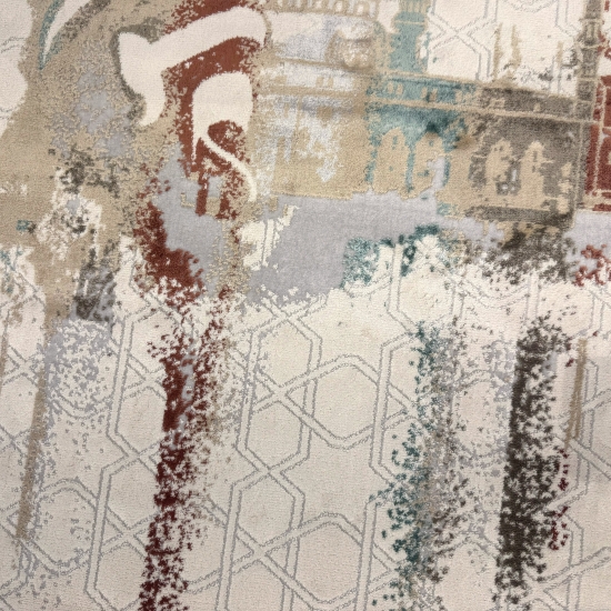 Preview: Gebetsteppich mit Kalligrafie-Motiv und Moschee-Silhouette in hellen Naturtönen