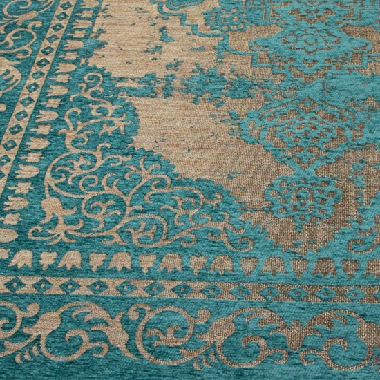 Preview: Wohnzimmer Teppich im orientalischen Muster mit Bordüre pflegeleicht türkis beige Preview: Wohnzimmer Teppich im orientalischen Muster mit Bordüre pflegeleicht türkis beige