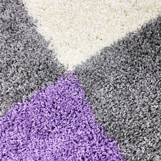 Preview: Shaggy Teppich Mehrfarbig Flieder Grau Creme für Wohnzimmer und Schlafzimmer – moderner Hochflor Teppich weich und stilvoll
