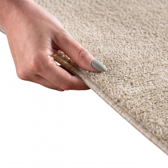 Preview: Kurzflor Teppich Beige mit sanftem Karomuster und weicher Wolloptik