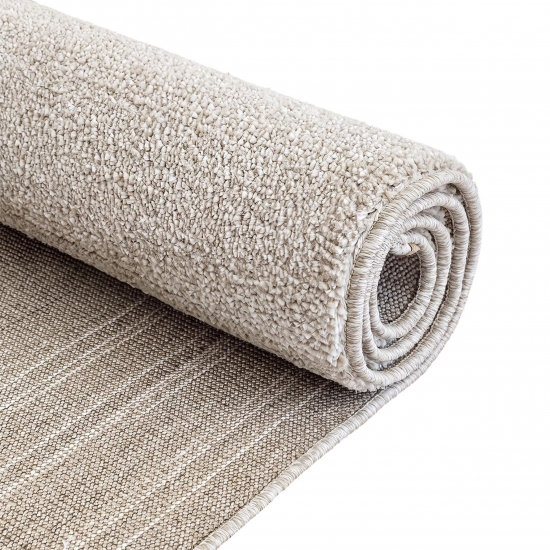 Preview: Kurzflor Teppich Beige mit sanftem Karomuster und weicher Wolloptik