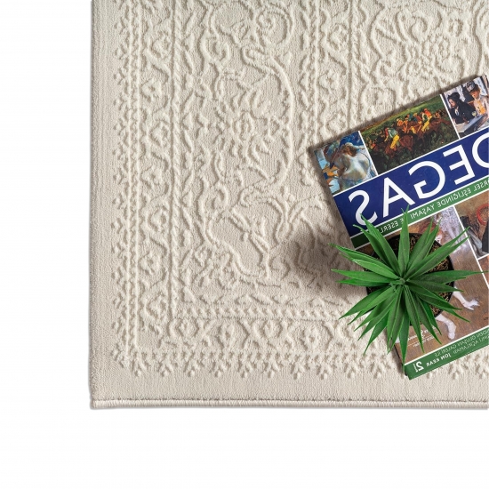 Preview: Recycling Teppich Creme Ornament Design wohnlich Wohnzimmer