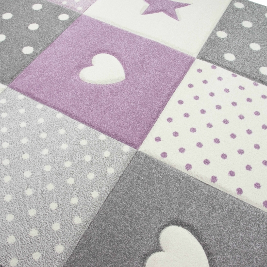Kinderzimmer Teppich Spiel & Baby Teppich Herz Stern Punkte Design in lila grau creme