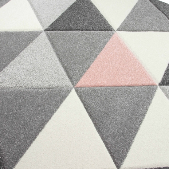 Teppich modern Designerteppich mit Dreieck Muster in Rosa Grau Creme