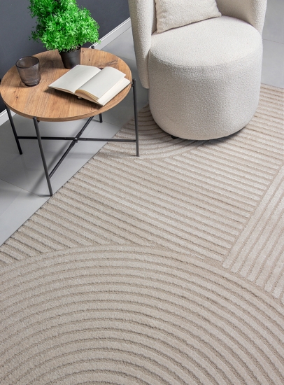 Preview: Teppich creme mit 3D-Linienmuster weich & elegant für Wohnzimmer