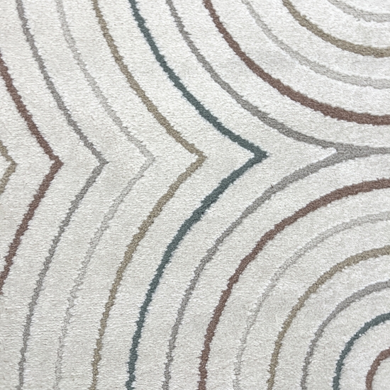 Moderner Teppich mit Bogenmuster in Beige mit bunten Streifen