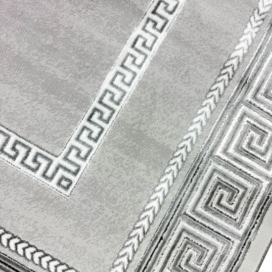 Designer Teppich Moderner Teppich Wohnzimmer Teppich mit Ornament Bordüre   Grau Cream Schwarz
