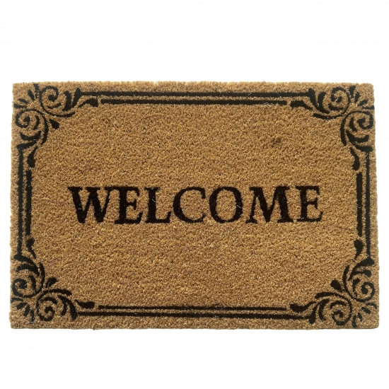 Preview: Kokos Fußmatte „Willkommen“ mit Verzierungen in schwarz