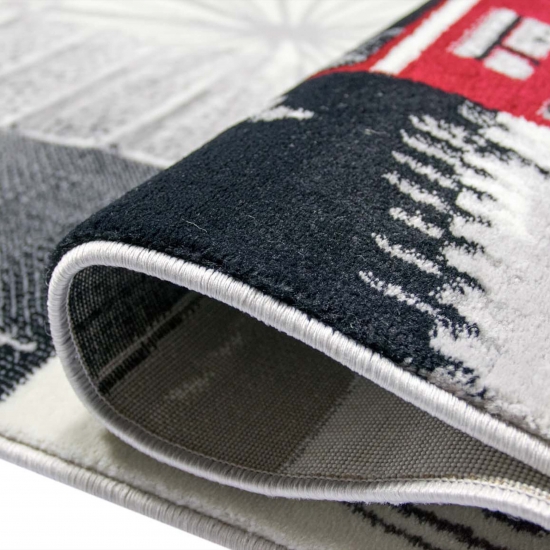 Moderner Teppich London Motiv Creme Grau Rot Schwarz fürs Wohnzimmer