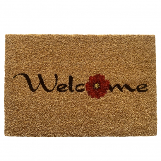 Preview: Nachhaltige Fußputzmatte aus Kokos dekoriert mit Blume in rot