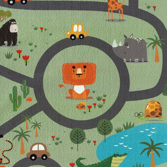 Kinderteppich rutschfest Safari mit Tieren Straßenteppich grün