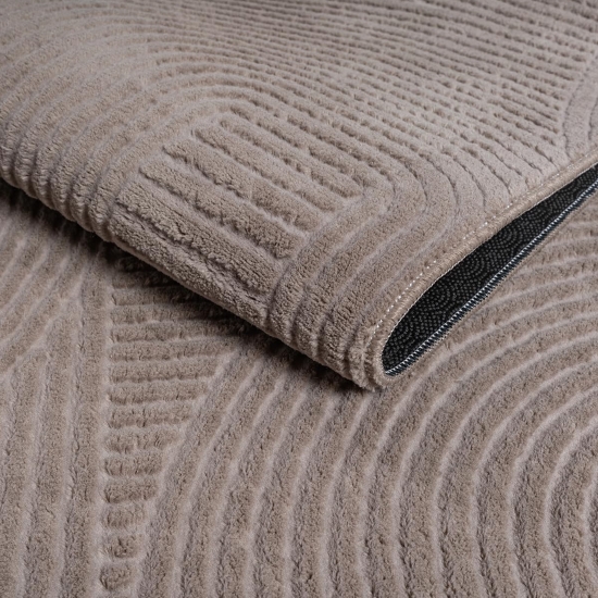 Preview: Teppich Taupe mit geometrischem Relief-Linienmuster für Wohnzimmer